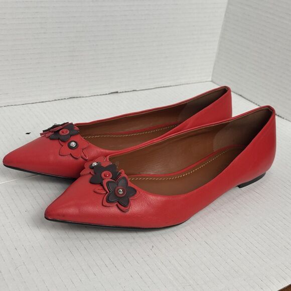 Coach Shoes - Coach Floral Applique Flats Red Leather Womans Size 10 Pointed Toe Ballet Shoe